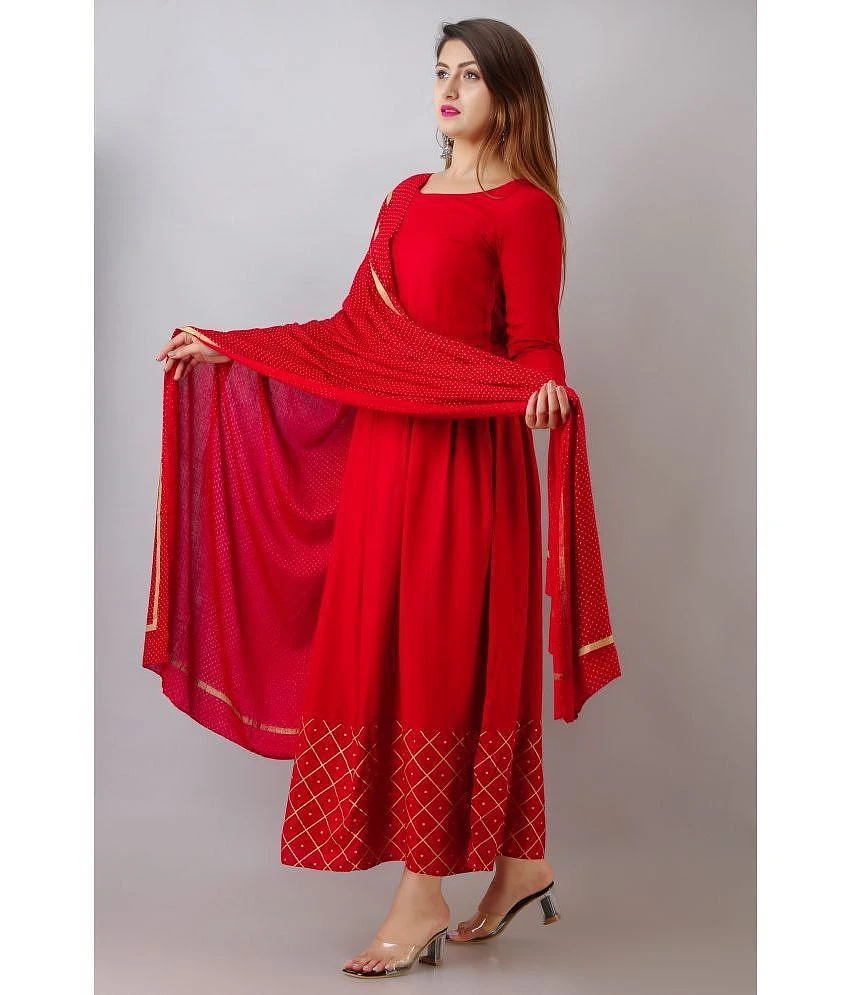 Luxurious Women Smien Rayon Solid Anarkali Womens Kurti with Dupatta - Maroon ( Pack of 1 ) - No