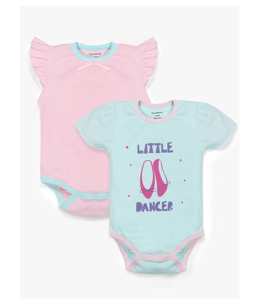 My Milestones Bodysuit Set Half Sleeves 2 pcs-Aqua/Pink - 12-18M - None