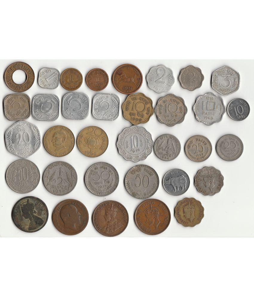 Sansuka 34 different India old coins one paisa, two paisa three paisa, 5paisa, 10 paisa, 20 paisa, 25 paisa, 50 paisa, one anna, British Quarter Anna. Coin Collection