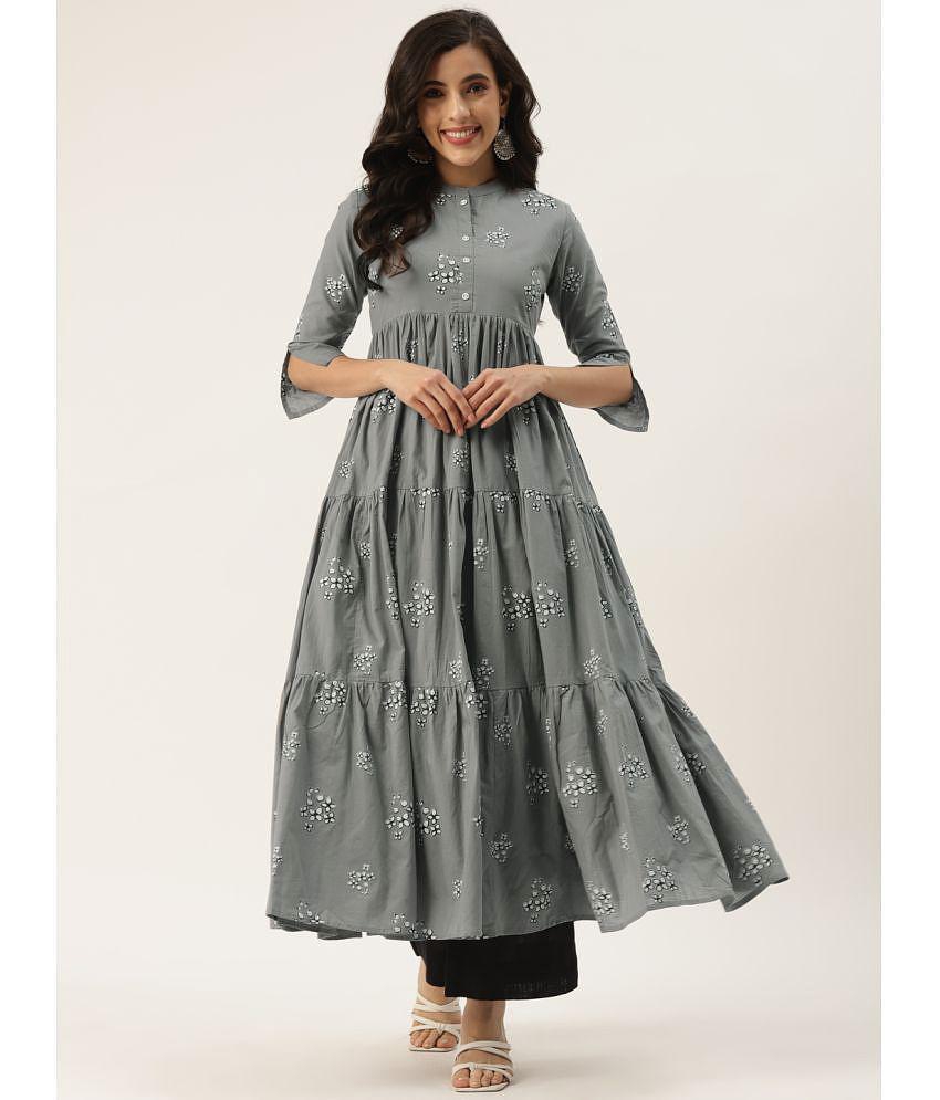 Affordable Men HISHAM - Grey Cotton Blend Women's Tiered Flared Kurti ( Pack of 1 ) - None 2025 