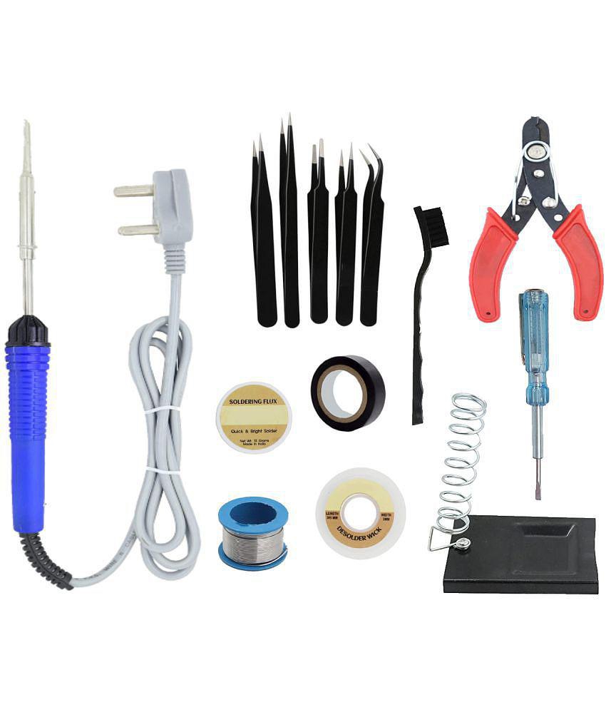 ALDECO: ( 10 in 1 ) 25 Watt Soldering Iron Kit With- Blue Iron, Wire, Flux, Wick, Stand, Cutter, Tape, Tester, Brush, Tweezer Set