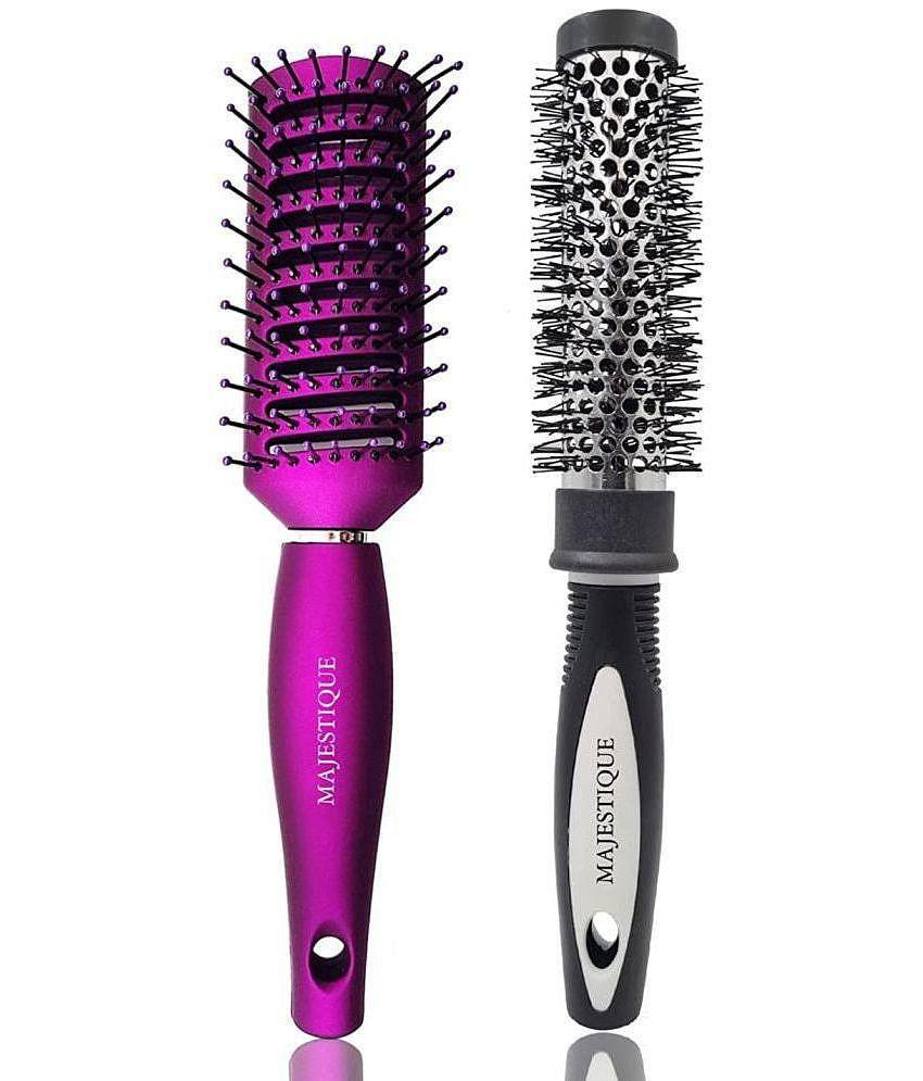 Majestique 2Pcs Professional Round Brush For Blow Drying And Vent Blow Brush Medium (Purple/ Black)