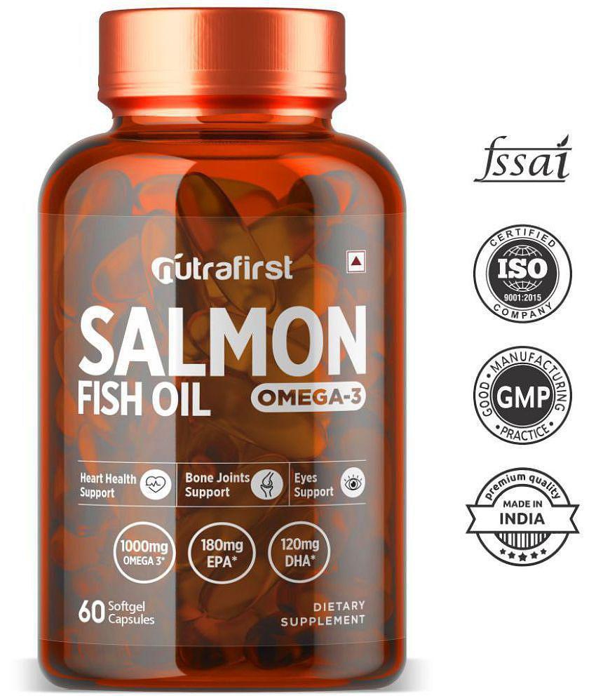 NutraFirst Salmon Fish Oil Softgel Capsule, for Healthy Heart,Brain& Eyes,enriched with Fish Oil 1000mg, EPA 180 mg & DHA 120 mg (1X60 Softgel Capsules)