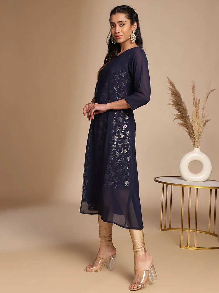 Buy Online Plo Janasya Crepe Printed A-line Womens Kurti - Navy Blue ( Pack of 1 ) - None