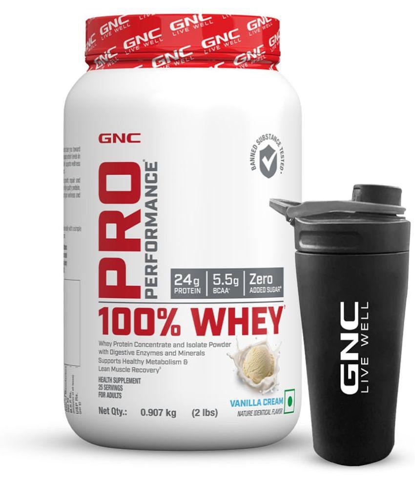 GNC Pro Performance 100% Whey Protein Powder- Vanilla Cream, 2 lbs & Steel Shaker (Combo)