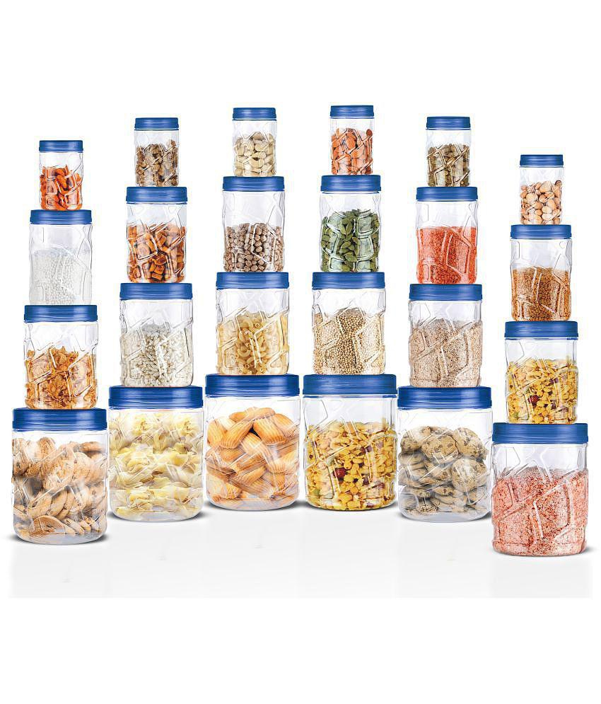 Milton Vitro Plastic Pet Storage Jar and Container, Set of 24 (6 pcs x 300 ml Each, 6 pcs x 700 ml Each, 6 pcs x 1.4 Ltrs Each, 6 pcs x 2 Ltrs Each), Blue - Blue