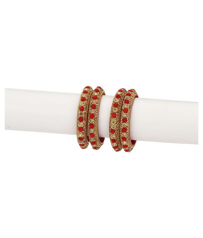 Best Men Party Glass Bangle Set Ornamented With Beads For Spaical Look (Pack Of 4 Red Shining & 