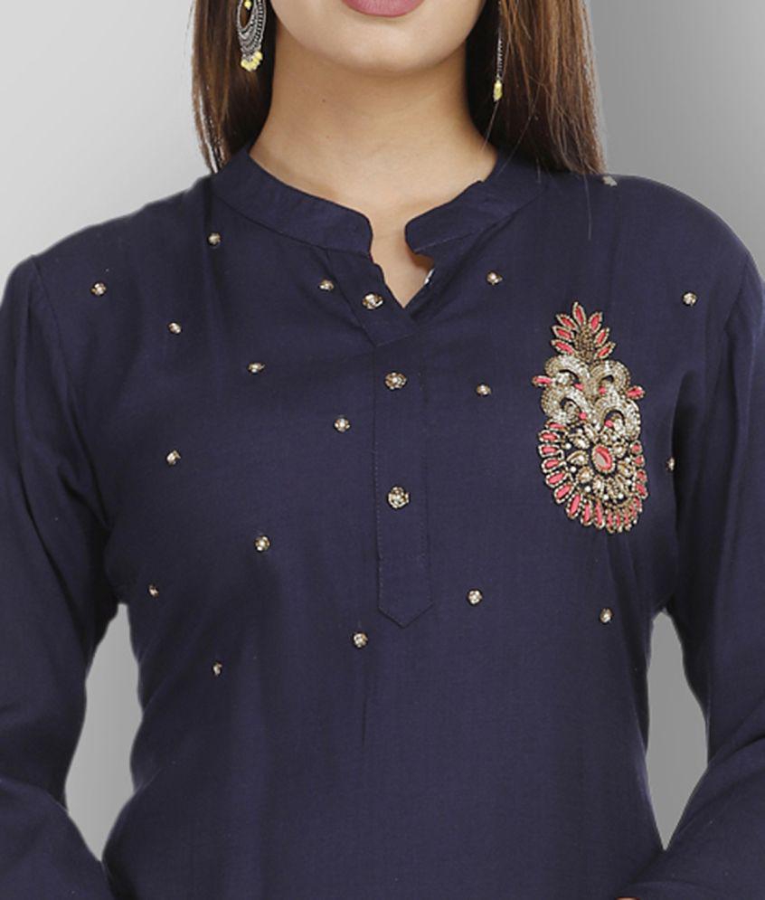 Buy Online Plo HIGHLIGHT FASHION EXPORT - Navy Rayon Women's Straight Kurti ( Pack of 1 ) - L