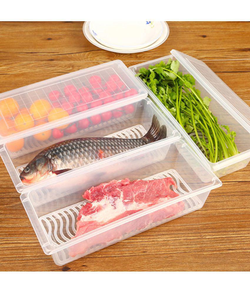 Fridge Storage Container with Drain Tray and Lid - Transparent Polyproplene Food Container ( Pack of 3 ) - Transparent