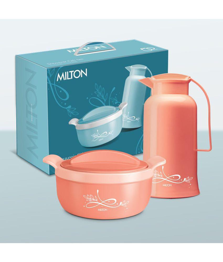 Milton Souvenir Gift Set, Crave 1500 Inner Stainless Steel Casserole, 1.38 ml and Crystal 1000 Insulated Flask, 970 ml, Peach | BPA Free | Odour Free | Food Grade - Peach