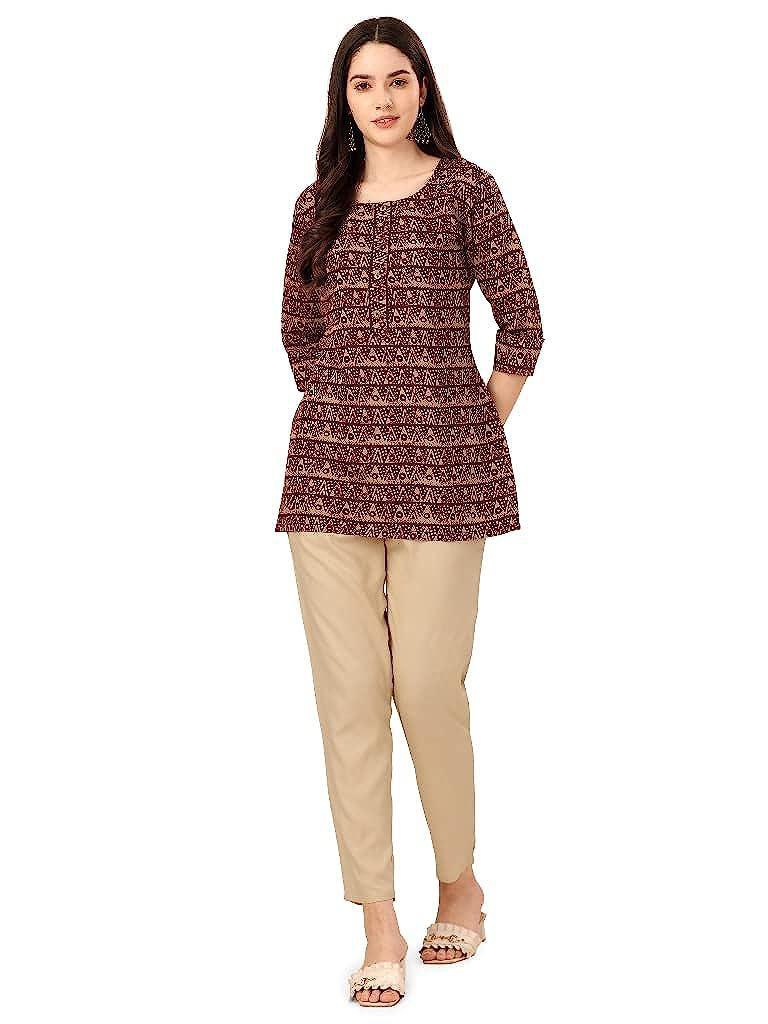 VEEKEEDA Womens Regular Printed Round Neck Straight PV Chanderi Stitched Short Fancy Kurti with Plain Rayon Cotton Bottom - None