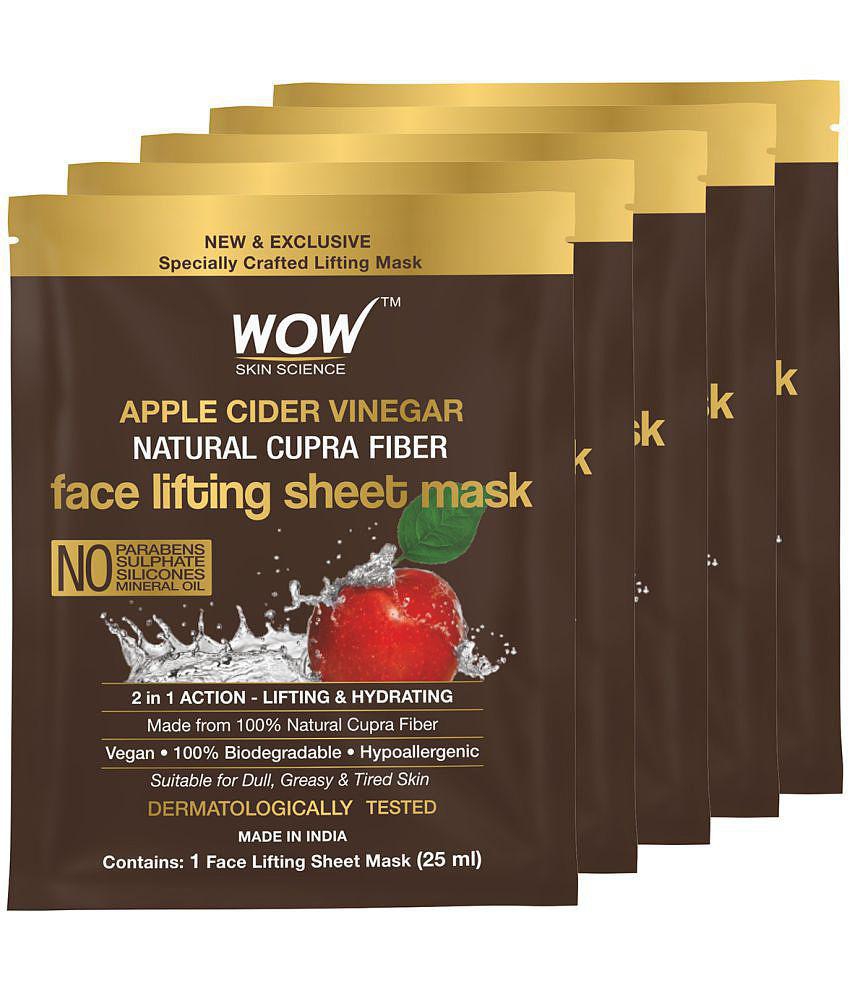 WOW Skin Science Apple Cider Vinegar Natural Fiber Cupra Face Lifting Sheet Mask -25 Ml - Pack of 5