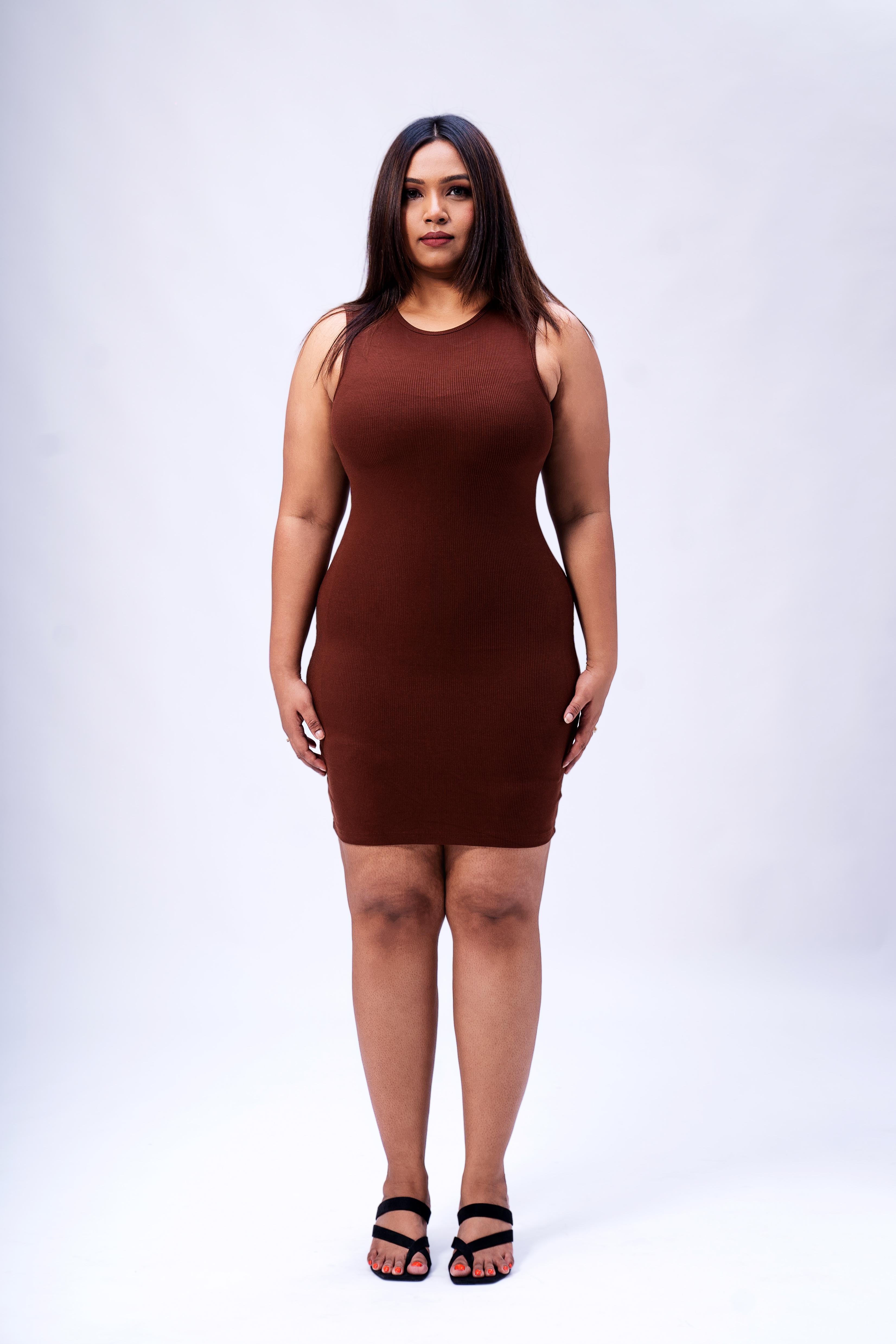 Built In Bra and Shapewear Brown Close Neck Short Dress - L