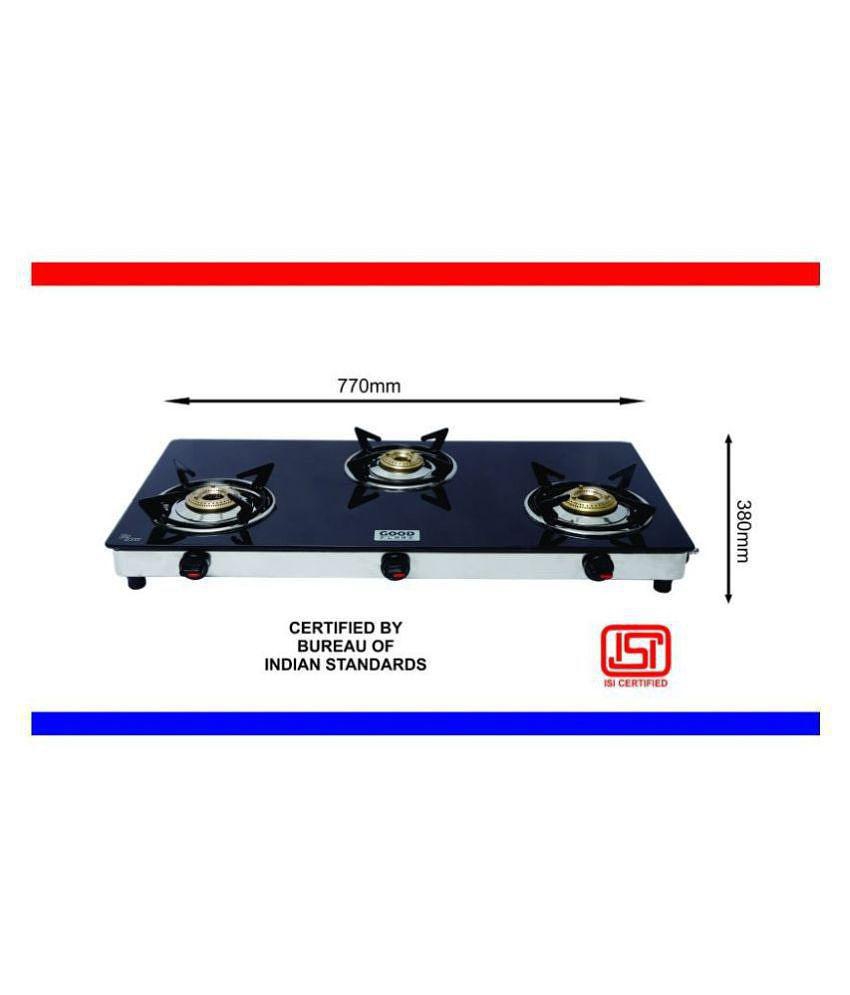 Goodflame Slim 3B Ss Bk Toughened Glass 3 Brass Burner Gas Stove(Manual Ignition,Black) - Silver