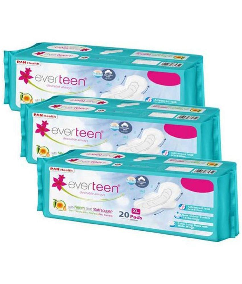 everteen XL Cottony-Dry Sanitary Pads (Neem, Safflower) 60pcs Sanitary Pad (Pack of 3)