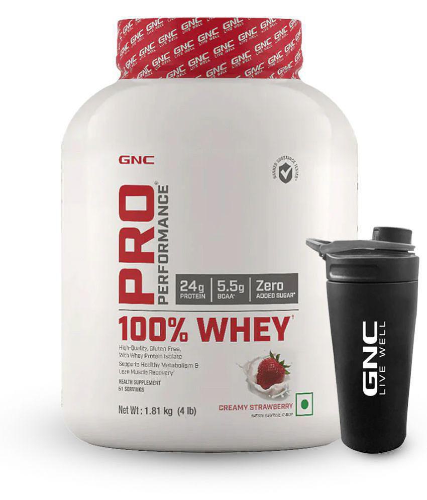 GNC Pro Performance 100% Whey Protein Powder- Creamy Strawberry, 4 lbs & Steel Shaker (Combo)