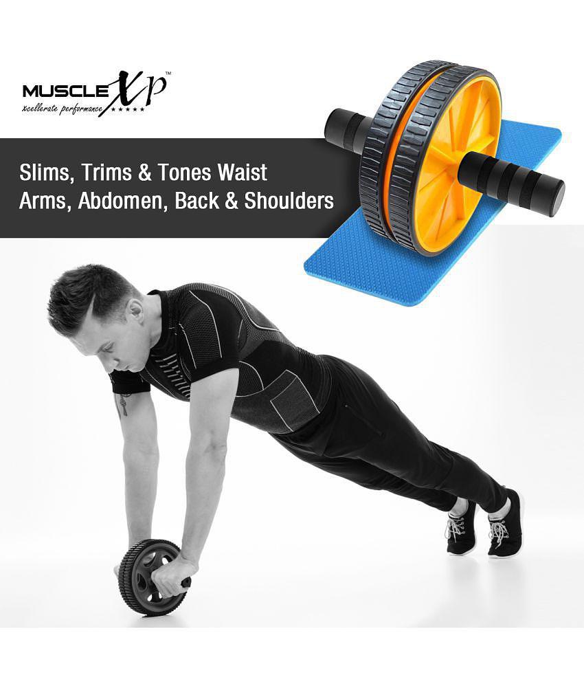 MuscleXP DrFitness+ AB Wheel Roller With Knee Mat, Stainleess Steel Rod, 6mm Knee Mat, To Tighten Abs, Strengthen Core Muscles, Tone Arms, Shoulder, Back (Black / Yellow) - Yellow