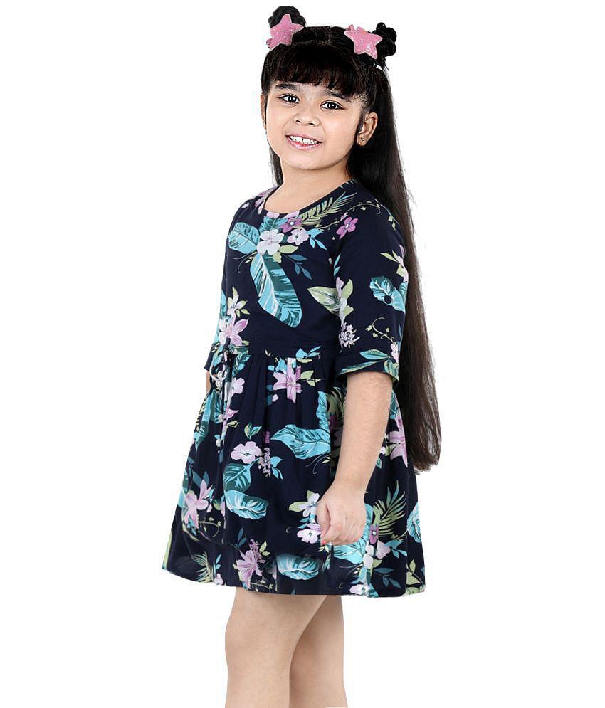 Naughty Ninos Girls Navy Blue Floral Printed Fit & Flared Dress - None