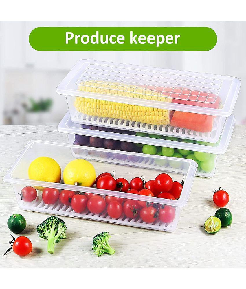 Fridge Storage Container with Drain Tray and Lid - Transparent Polyproplene Food Container ( Pack of 3 ) - Transparent