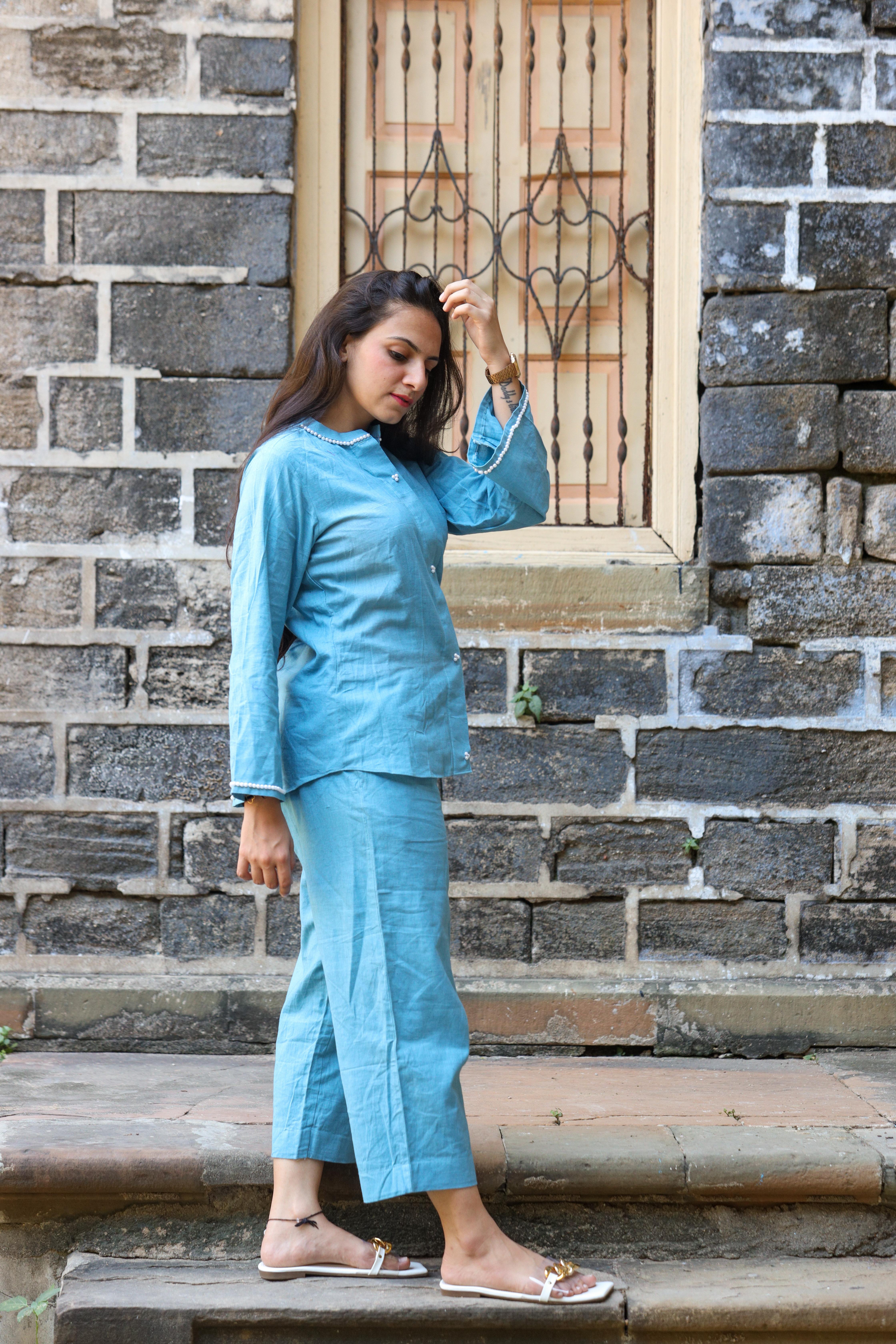 Diti Khadi Blue Top with Pant - m