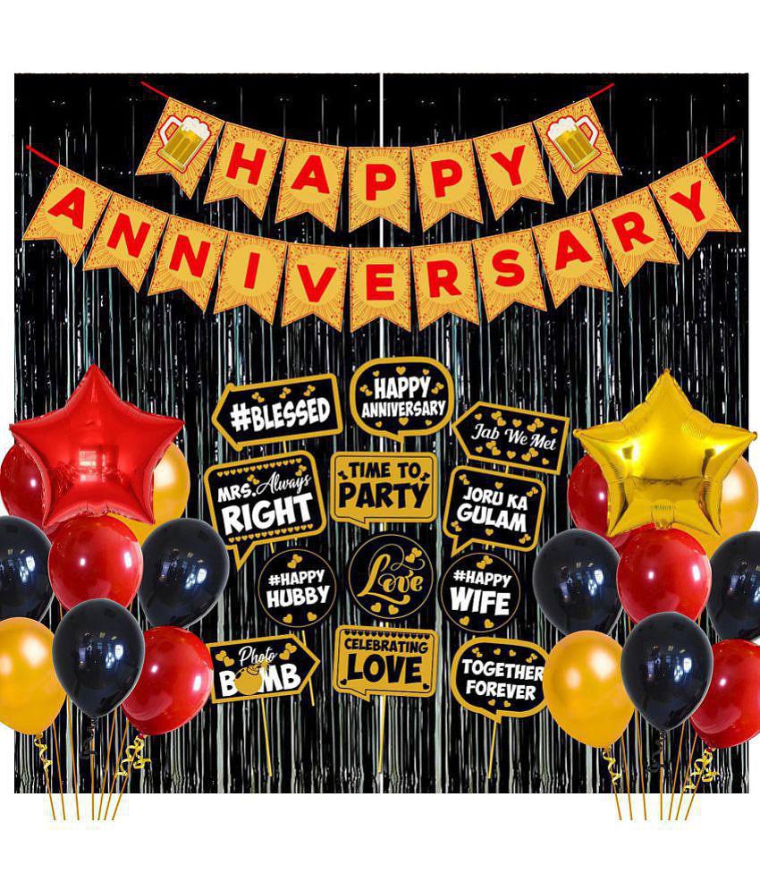 Party Propz Happy Anniversary Decoration Kit Combo with Bunting, Metallic Balloons, Black Foil Curtain, Foil Balloons 47Pcs Combo - Multi-Color