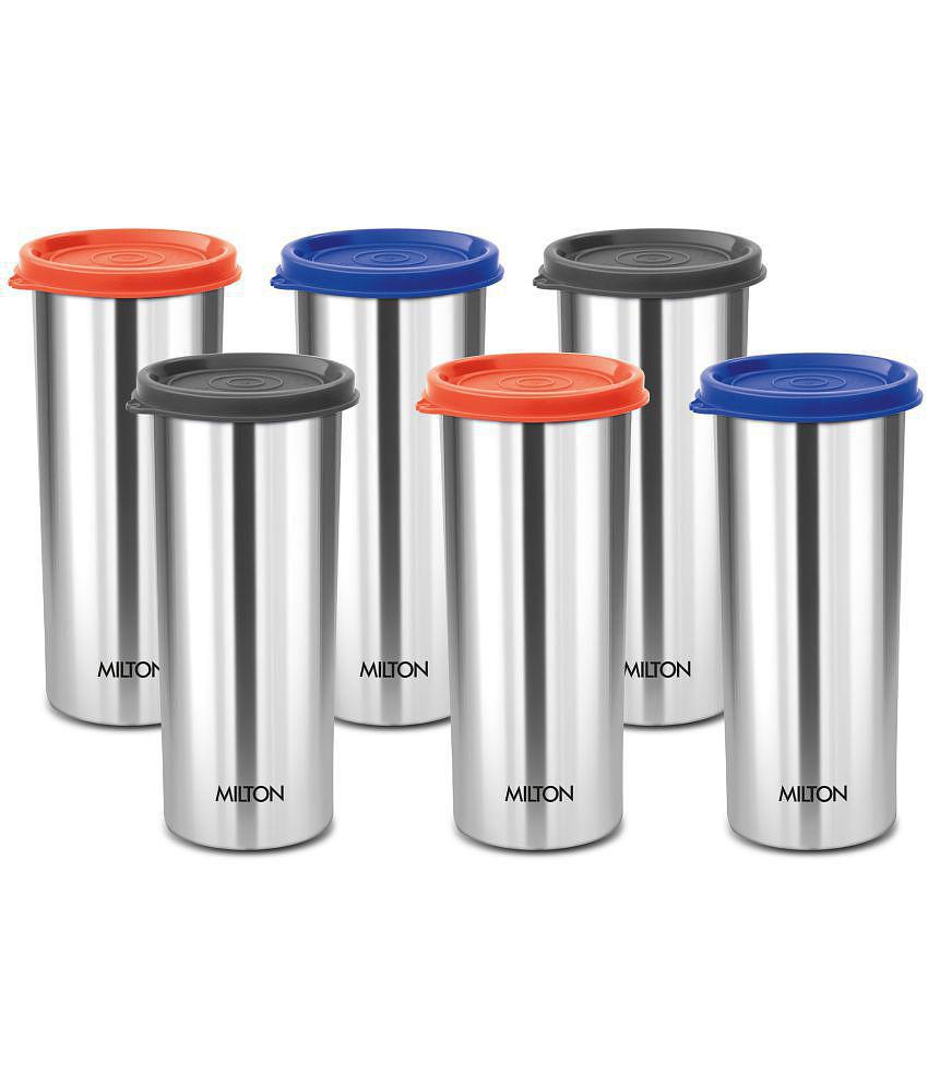 Milton Stainless Steel Tumbler with Lid Set of 6, 530 ml Each, Assorted (Lid Color May Vary) | Office | Gym | Yoga | Home | Kitchen | Hiking | Treking | Travel Tumbler - Assorted