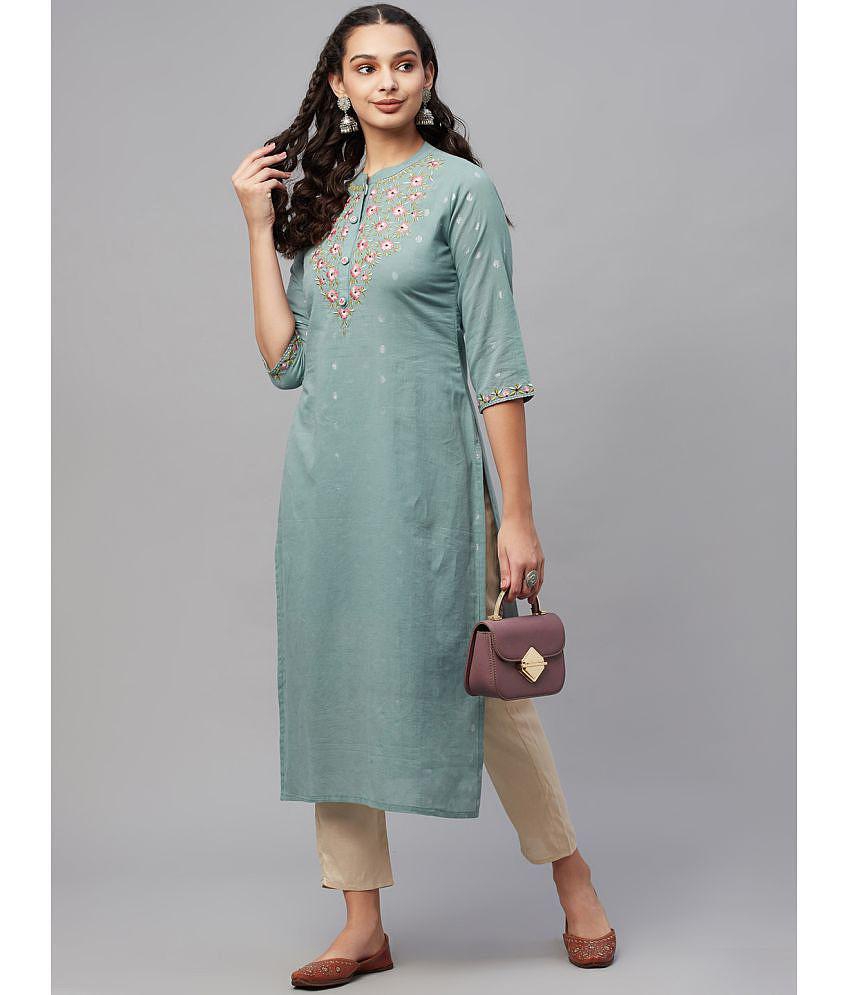 AMIRA''S INDIAN ETHNICWEAR - Teal Cotton Women''s Straight Kurti ( Pack of 1 ) - None