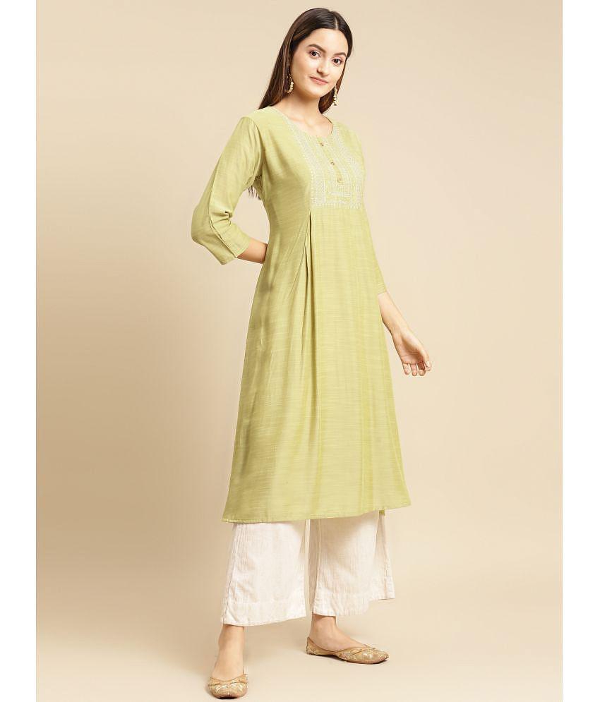 Rangita Women Mint Green Yoke Zari Embroidered Calf Length A-line Kurti - L, Mint Green