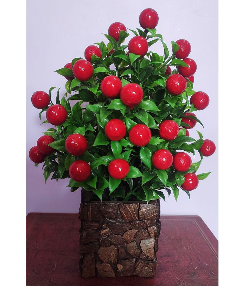 BAARIG - Red Cherry Blossom Artificial Flowers With Pot ( Pack of 1 )