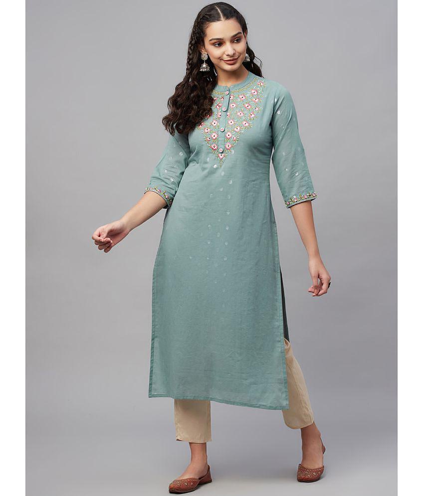 AMIRA''S INDIAN ETHNICWEAR - Teal Cotton Women''s Straight Kurti ( Pack of 1 ) - None