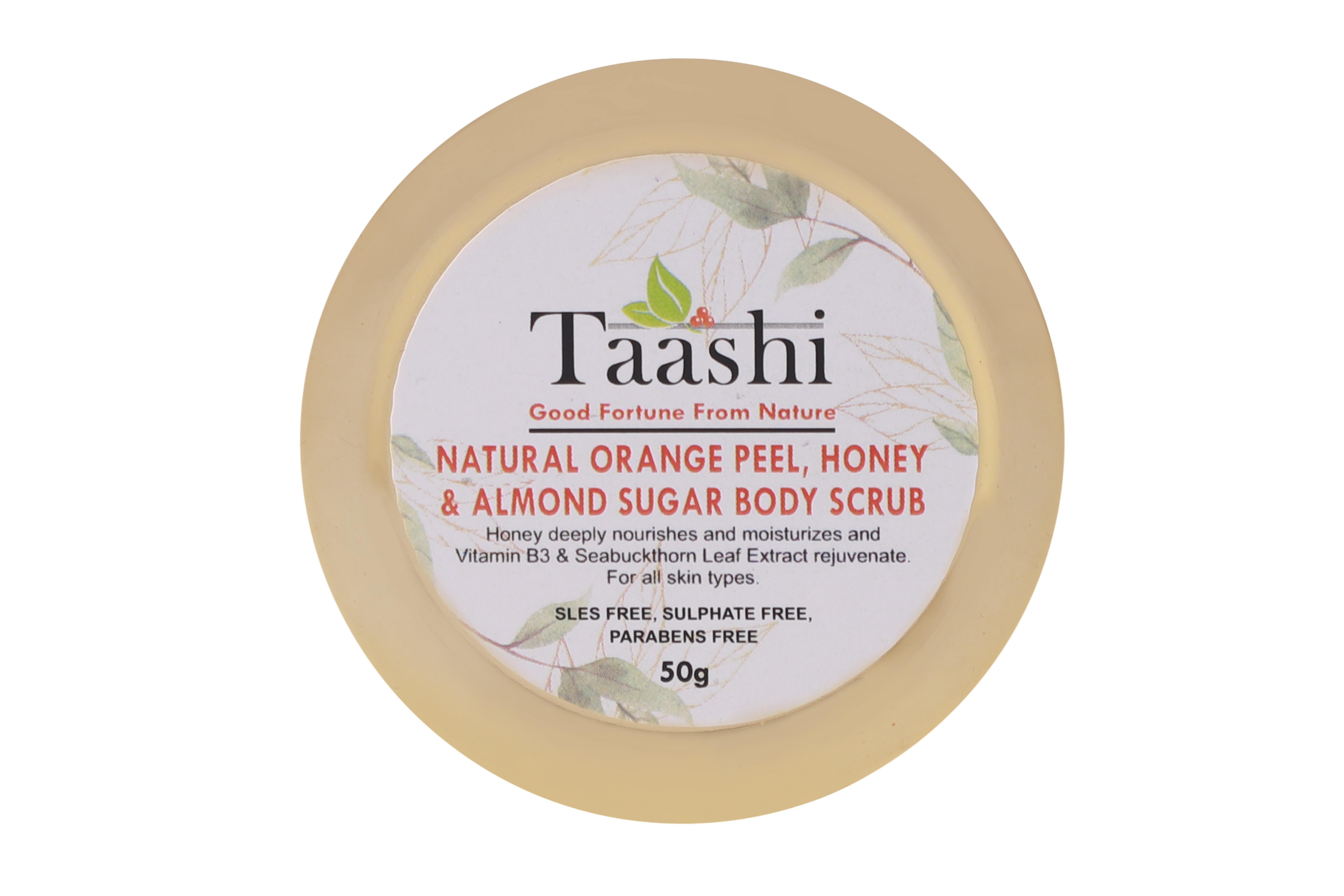 Taashi Natural Orange Peel, Honey & Almond Sugar Body Scrub(50 GM) for moisturised,rejuvenated and nourished skin