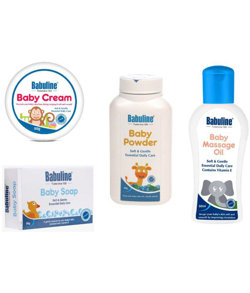 Babuline Complete Baby Care Kit Baby Massage Oil 50ml, Bar 50gm, Baby Cream 50gm, Baby Powder 50gm for New Born Babies Bath & Skin Essentials Combo Value Pack Baby Shower Gift Set (Pack of 4