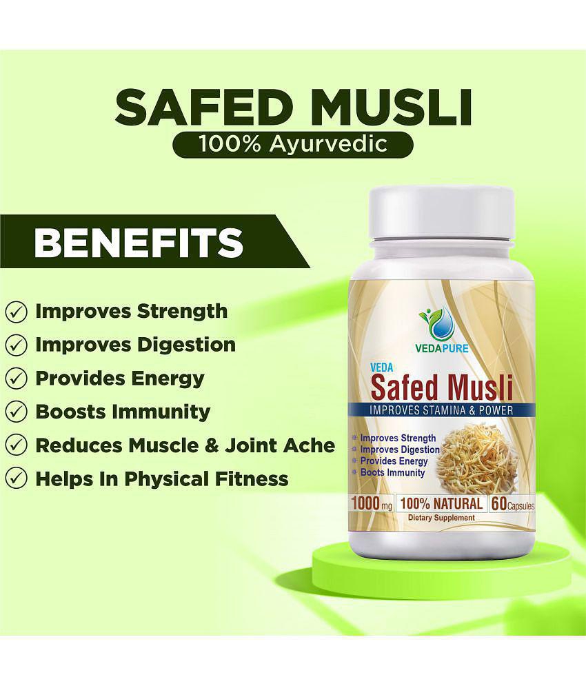 VEDAPURE Organic Safed Musli Capsule Helps in Bones & Joints Boosts Energy, Immunity & Stamina 1000mg 60 Capsules (Pack of 1)