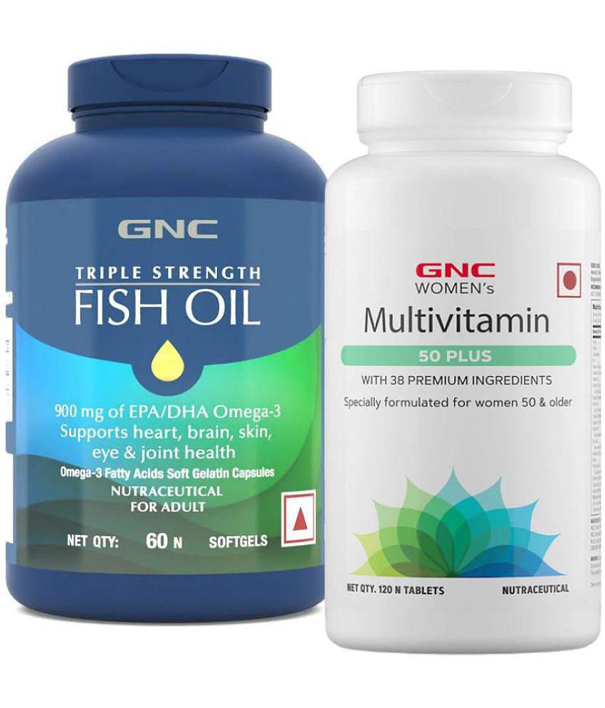 GNC Triple Strength Fish Oil-60 Softgels & GNC Women's Multivitamin for Women 50+ - 120 Tablets (Combo)