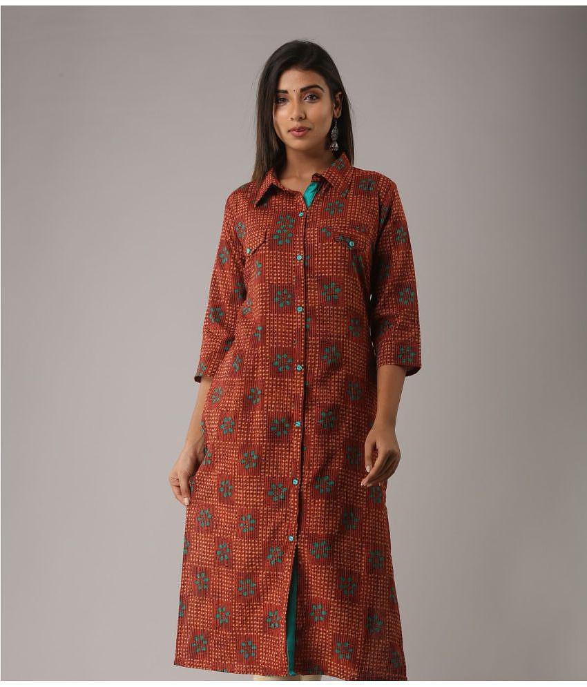 MAUKA - Rust Cotton Women''s Front Slit Kurti ( Pack of 1 ) - None