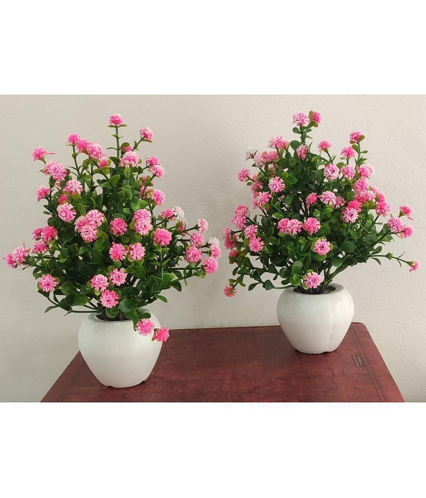 BAARIG Tabletop Bonsai Wild Artificial Plant With Pot (Pink,Set of 2)