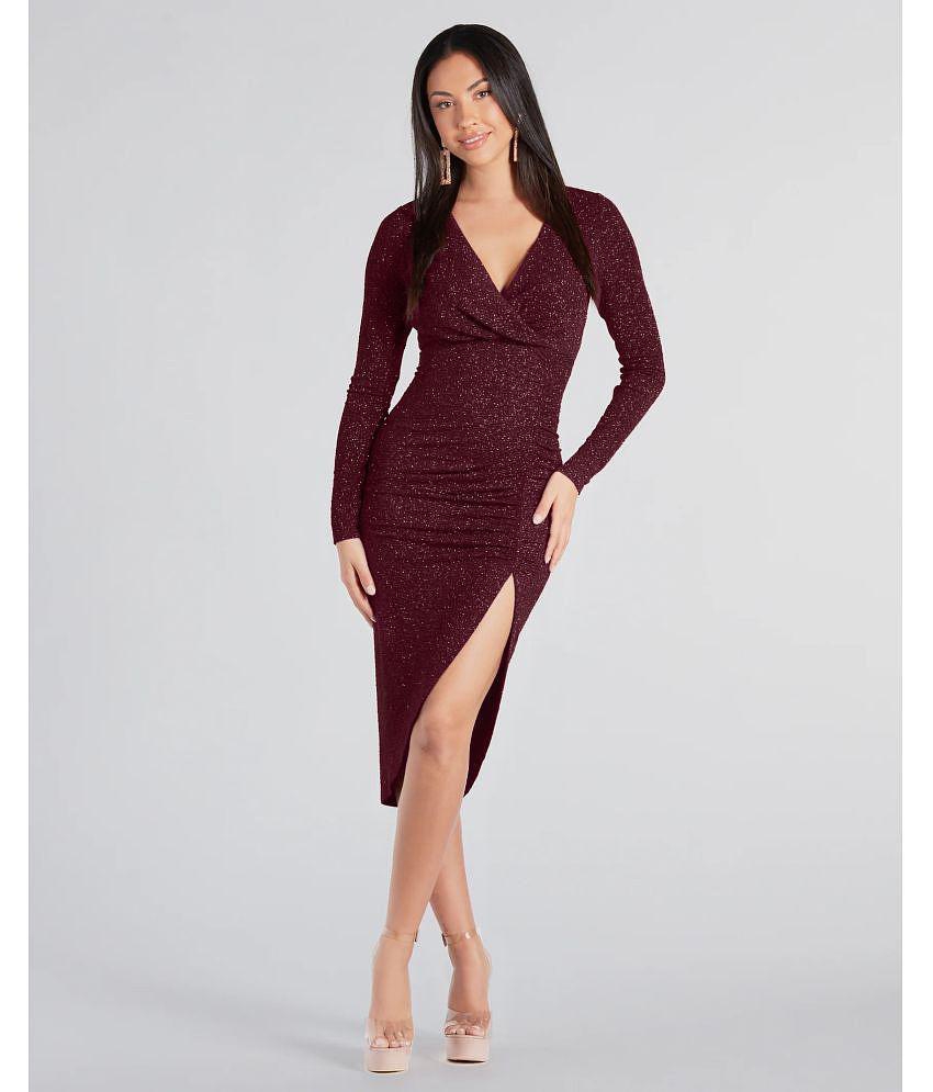Luxurious Men Addyvero Polyester Self Design Midi Womens Bodycon Dress - Maroon ( Pack of 1 ) - 