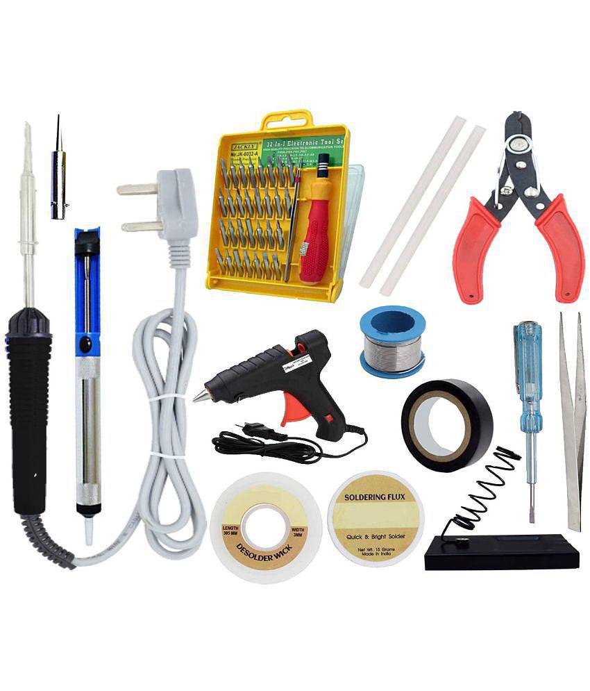 ALDECO: ( 15 in 1 ) 25 Watt Soldering Iron Kit With- Blue Iron, Wire,. Flux, Wick, Stand, Cutter, Tester, Tweezer, Tape, Bit, Glue Gun, 2 Glue Stick, Desoldering Pump, Jackley 32