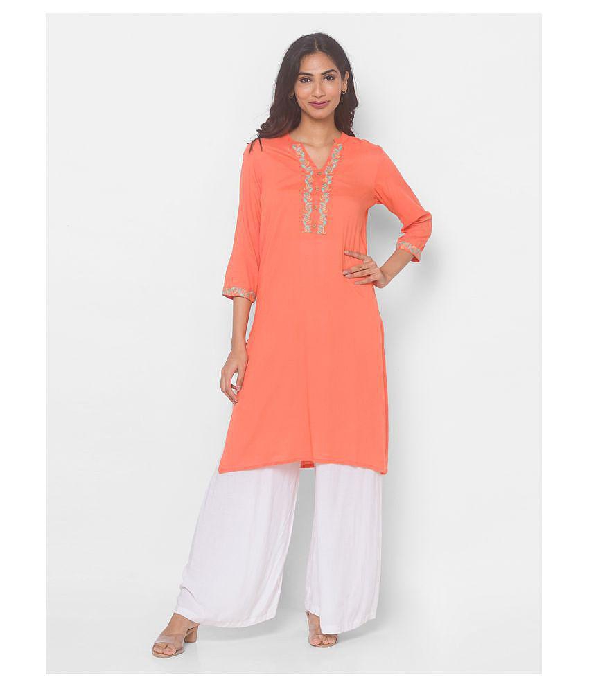 Globus - Peach Viscose Women''s Straight Kurti - M