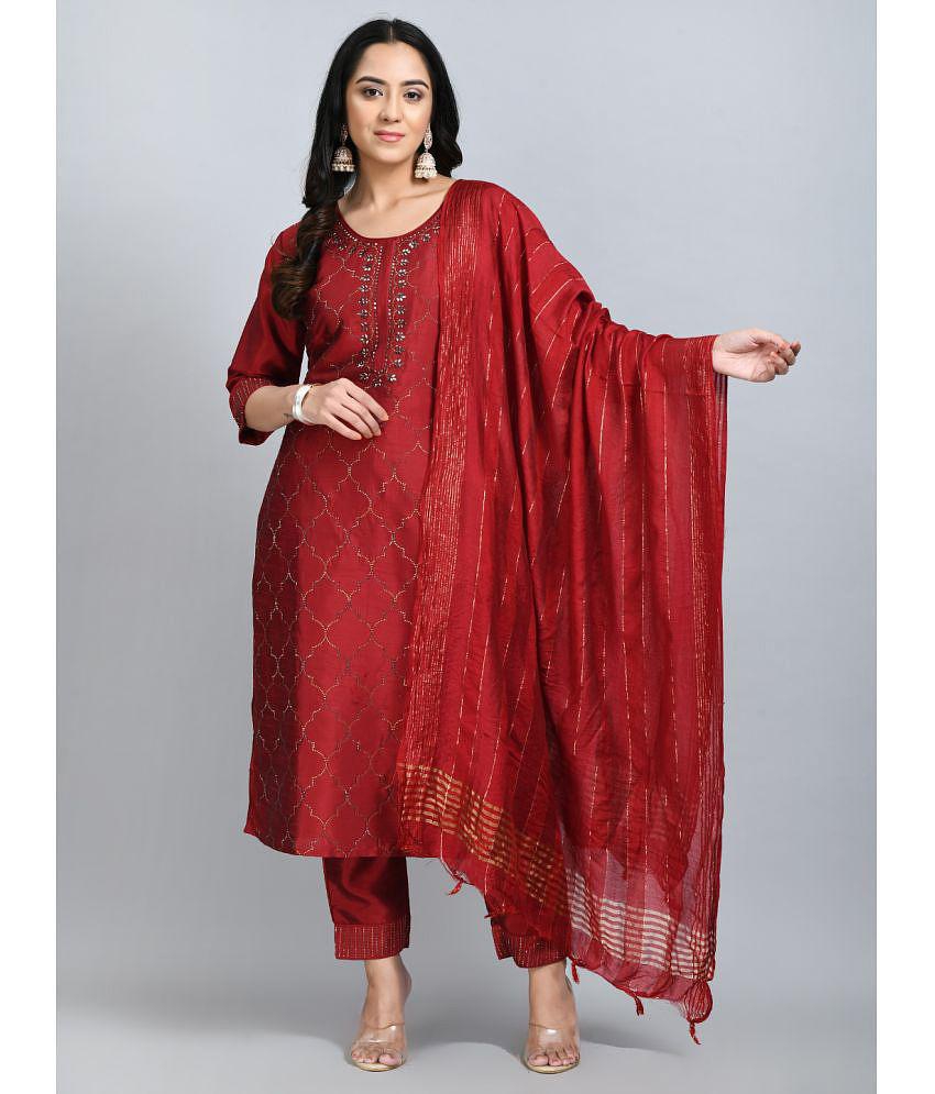 Desinoor - Maroon Straight Silk Blend Women''s Stitched Salwar Suit ( Pack of 1 ) - None