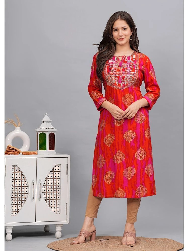 Buy Online Plo Kapadia Rayon Embroidered Straight Women's Kurti - Orange ( Pack of 1 ) - None