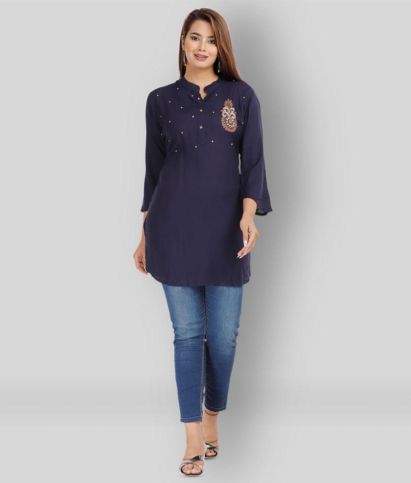 Buy Online Plo HIGHLIGHT FASHION EXPORT - Navy Rayon Women's Straight Kurti ( Pack of 1 ) - L