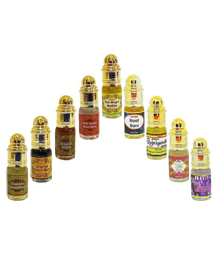 INDRA SUGANDH BHANDAR - Navratna Combo Chandan Kasturi Oudh Gulab Mogra Raatrani Rajnigandha Kamal Lavender Attar, 3ml Each Pack Of 9 - Below 50ml/ Miniature