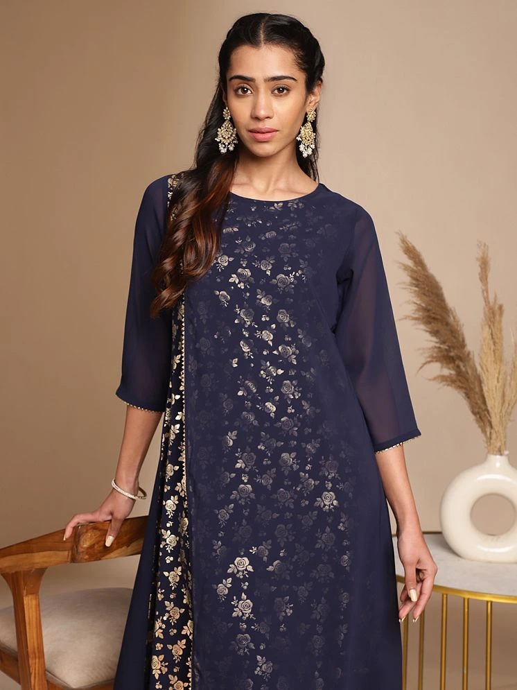 Buy Online Plo Janasya Crepe Printed A-line Womens Kurti - Navy Blue ( Pack of 1 ) - None