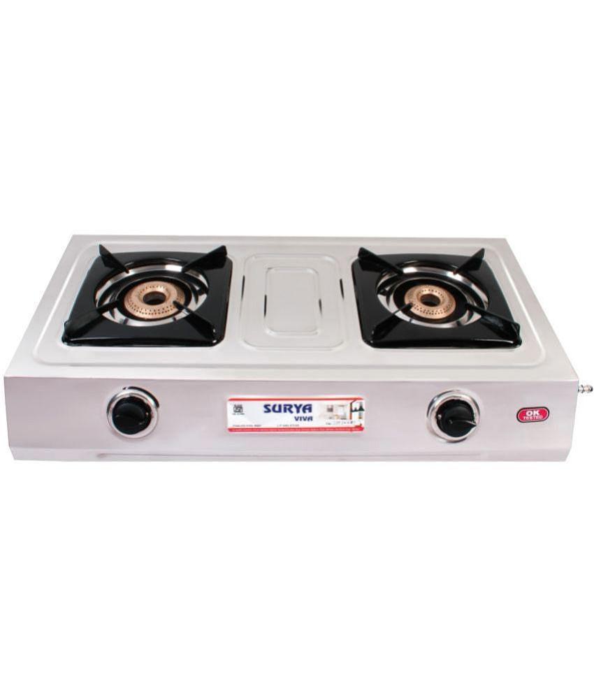 Suryaviva Super 2B Ss Stainless Steel 2 Cast Iron Burner Gas Stove(Manual Ignition,Silver)