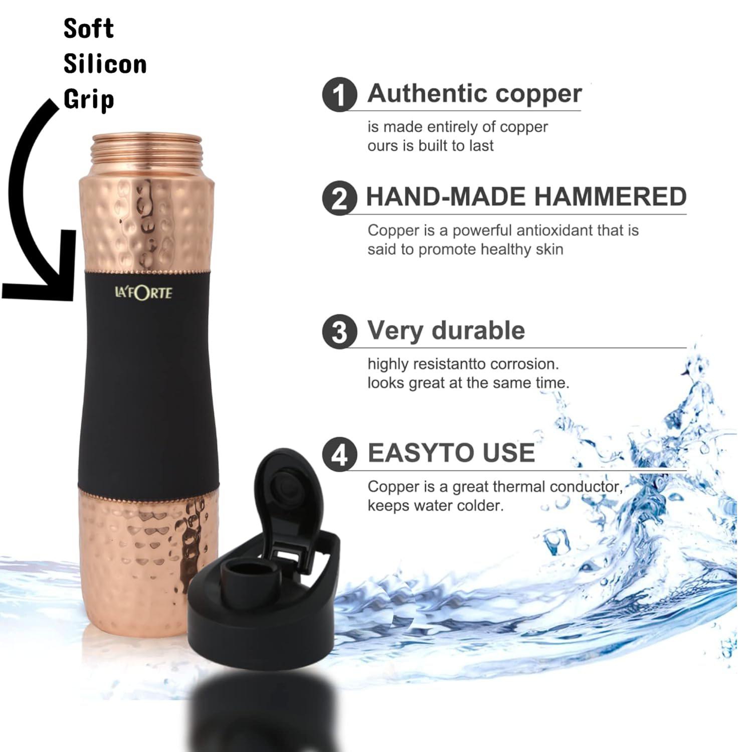 LA'FORTE Pure Copper Water Bottle with Leak Proof Sipper Lid (750 Ml) Gold & Black