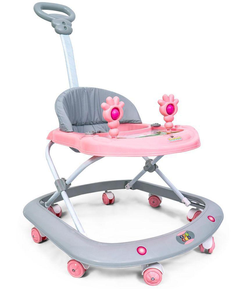 BeyBee FIRSTWALK Baby Walker 6 to 18 Months Babies|8 Wheels, Adjustable Height Light-Weight Parental Push Handle Kids Walker for Toddlers, Boy and Girl | Soft Thick Cushioned Seat. (Pink) - 