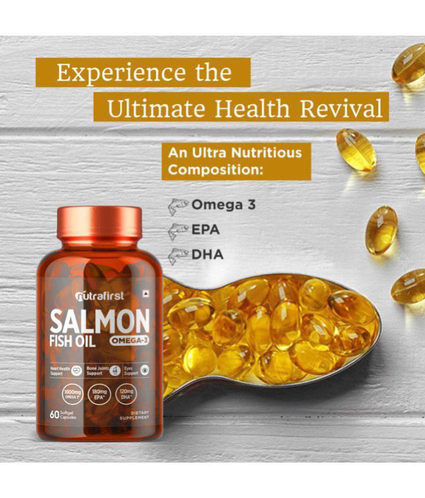 NutraFirst Salmon Fish Oil Softgel Capsule, for Healthy Heart,Brain& Eyes,enriched with Fish Oil 1000mg, EPA 180 mg & DHA 120 mg (1X60 Softgel Capsules)