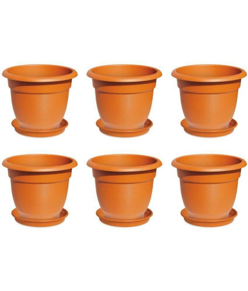 Milton Blossom Mate 2 Plastic Pot with Tray, Set of 6, Terracotta Brown - Brown