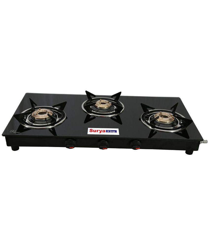 Suryaviva Nano 3B Ms Bk Toughened Glass 3 Cast Iron Burner Gas Stove(Manual Ignition,Black) - Black